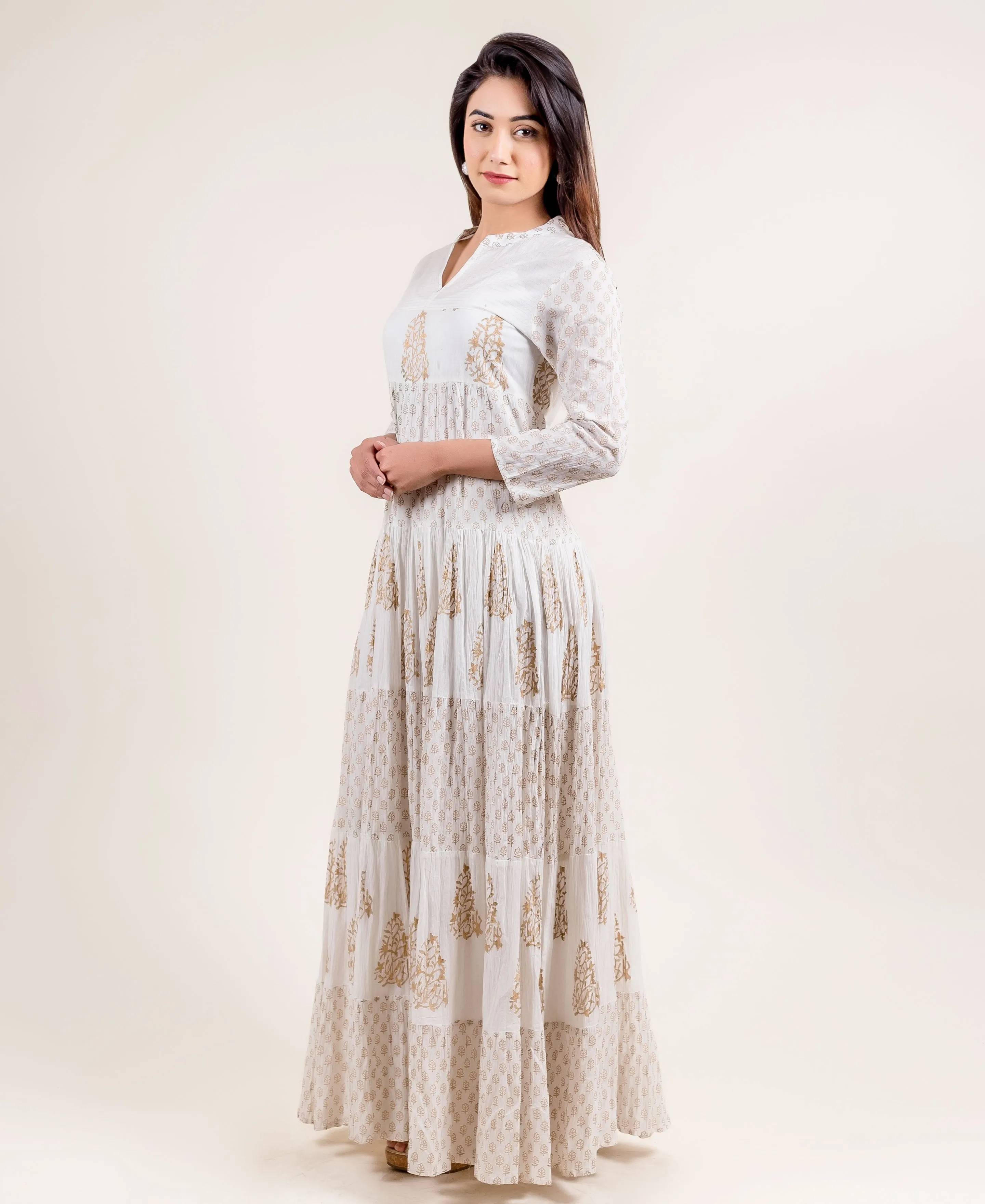 V- Neck Gold Block Print Princess Cut Anarkali Style Gown Dress