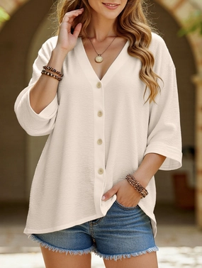 V-Neck Button T-Shirt Cardigan Top Durable Overlock Stitch LightweightWeave
