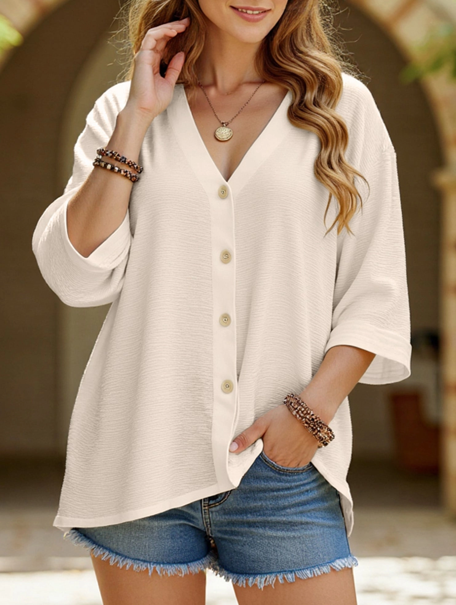 V-Neck Button T-Shirt Cardigan Top Ribbed Collar Design Sporty T-shirt