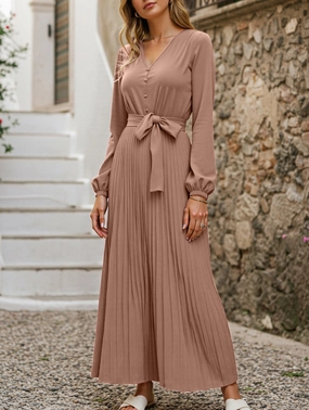 Light Motion V-NECK BUTTON-UP LONG PLEATED DRESS