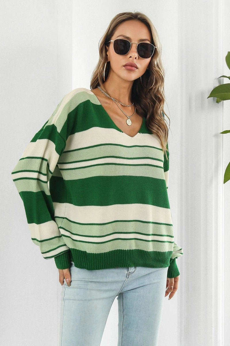 V NECK CASUAL STRIPE LONG SLEEVE SWEATER Ribbed Trims