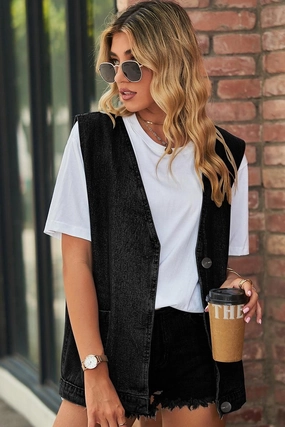 StretchComfortDesign V NECK FADED DENIM BUTTON UP POCKET VEST