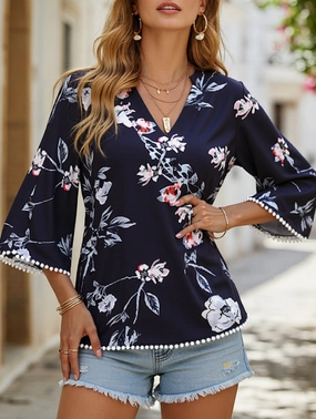 Wrinkle Resistant Texture V-Neck Five Quarter Sleeve Printed Baggy Top ??Relaxed & Stylish
