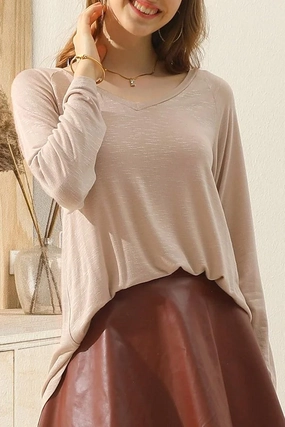 V NECK FLARE FLOUNCE LONG SLEEVE SLUB TUNIC TOP MeshVentilation summer look