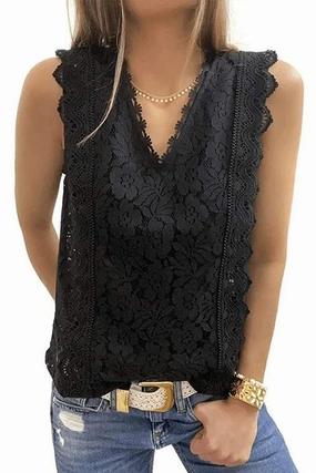 V NECK FLORAL LACE MESH SLEEVELESS TOP Layered Collar System FlatlockSeamTechnique