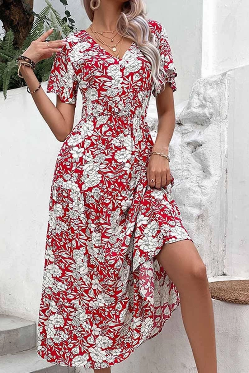 V NECK FLORAL PATTERN LONG DRESS Classic Movement Classic structured dress