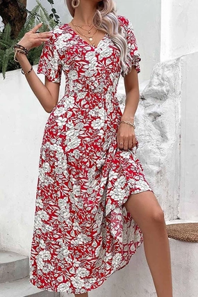 Velvet-Sleeve Ankle-length V NECK FLORAL PATTERN LONG DRESS