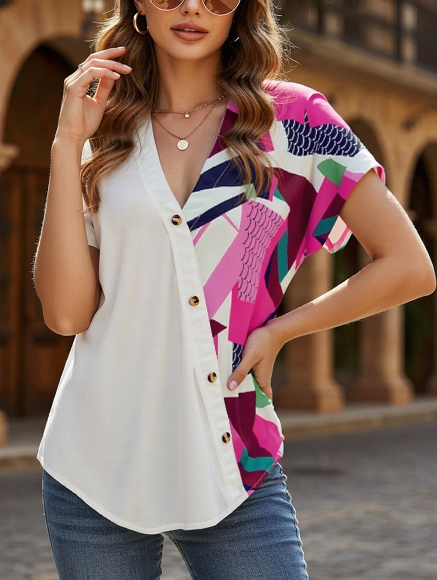 V-Neck Geometric Print Shoulder Loose Chiffon Top ??Lightweight & Breezy AntiPilling Finish