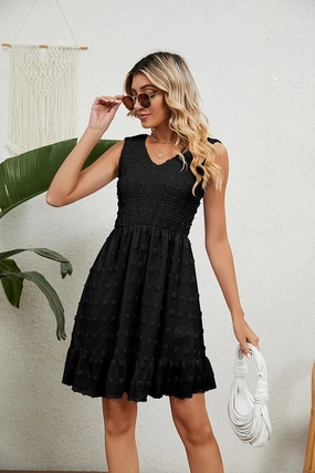 V NECK JACQUARD WEAVE SLEEVELESS DRESS Comfy Flex Modern Silhouette