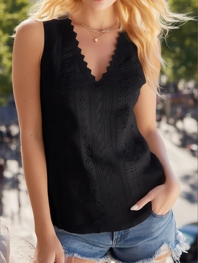 Distressed Texture Moisture Wicking Technology V-Neck Lace Sleeveless Solid Color Casual Tank Top ??Chic & Comfortable Essential