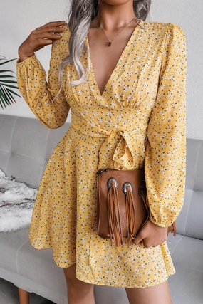 Satin-Edge breathable fabric dress V NECK LONG SLEEVE FLORAL CHIFFON DRESS