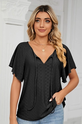 BondedEdges V NECK PUNCHING LACE UP RUFFLE LOOSE TOP