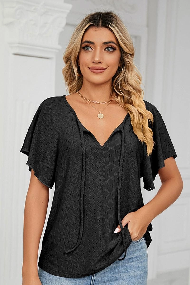 V NECK PUNCHING LACE UP RUFFLE LOOSE TOP Easy to Wear