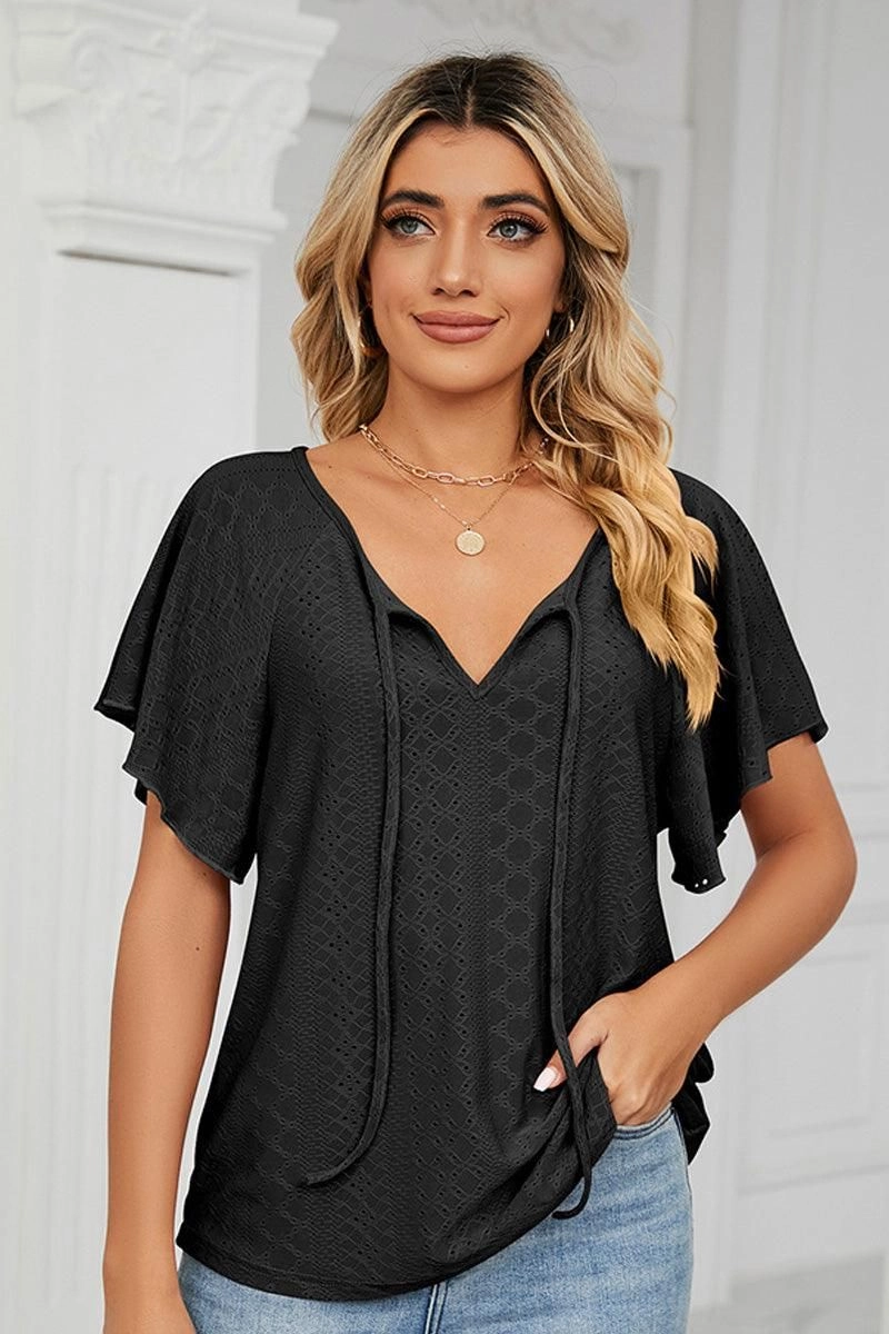 V NECK PUNCHING LACE UP RUFFLE LOOSE TOP Stay Cool Technology Active Wear