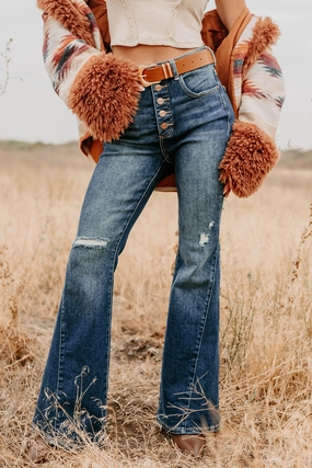 Quick Access Zippers Full Coverage Valina High Rise Tummy Control Buttoned Flare Risen Jeans (Dark)