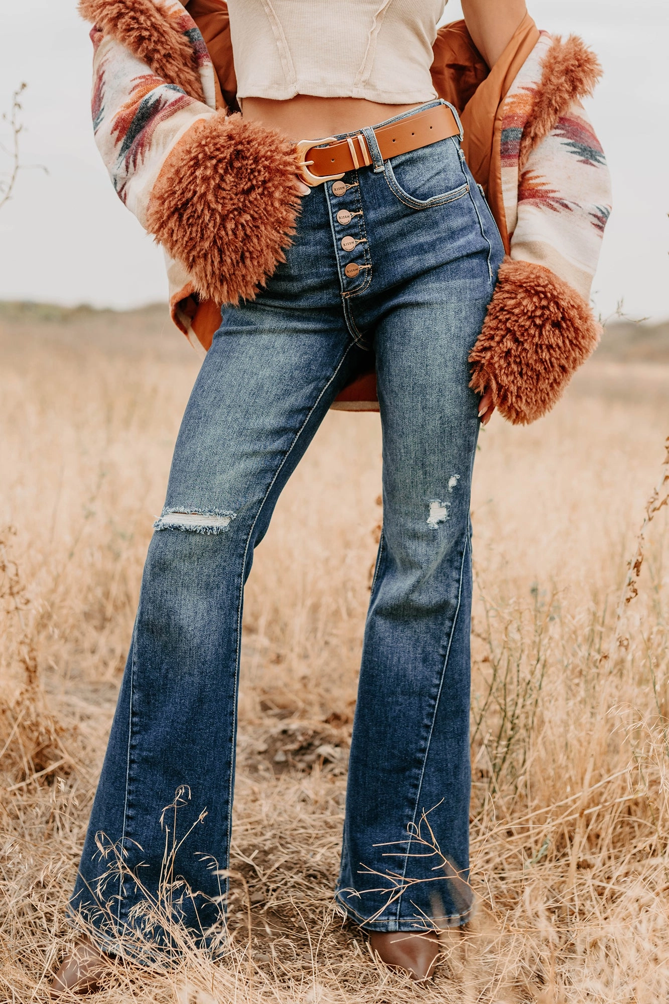 Valina High Rise Tummy Control Buttoned Flare Risen Jeans (Dark) Fit Flex Mesh Comfort