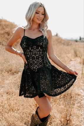 Velvet Dawn Floral Lace Mini Dress (Black) Sleek Vibe