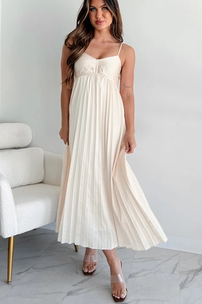 Coffee Break Bow Glow Essential Chicness Pleated Satin Dress (Champagne)