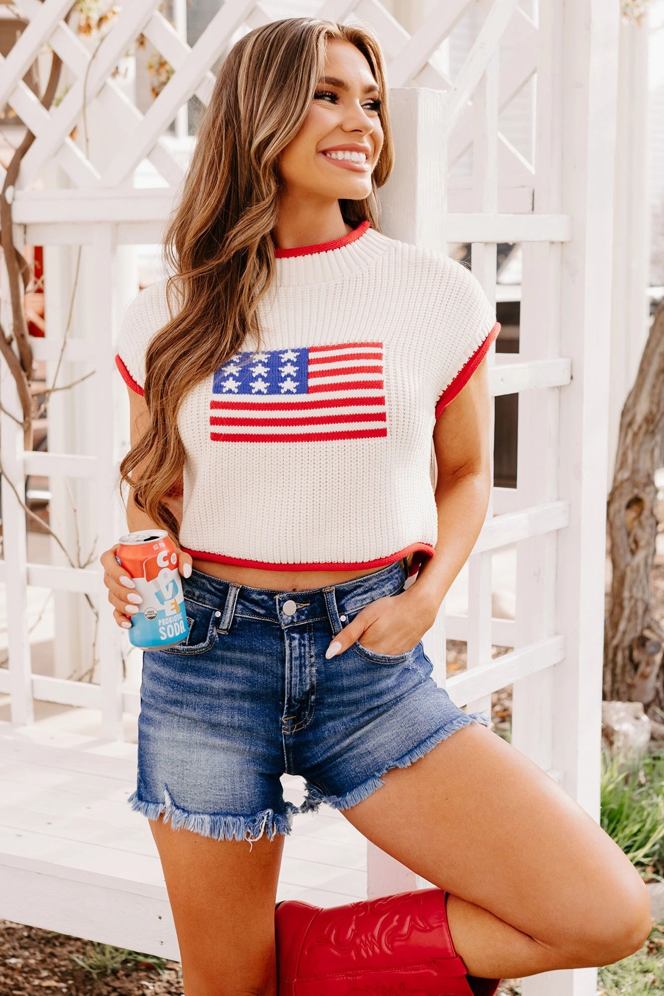 Salute The Flag American Flag Sweater Top (Cream) Low Profile Seaming Resilient Fabric Blend