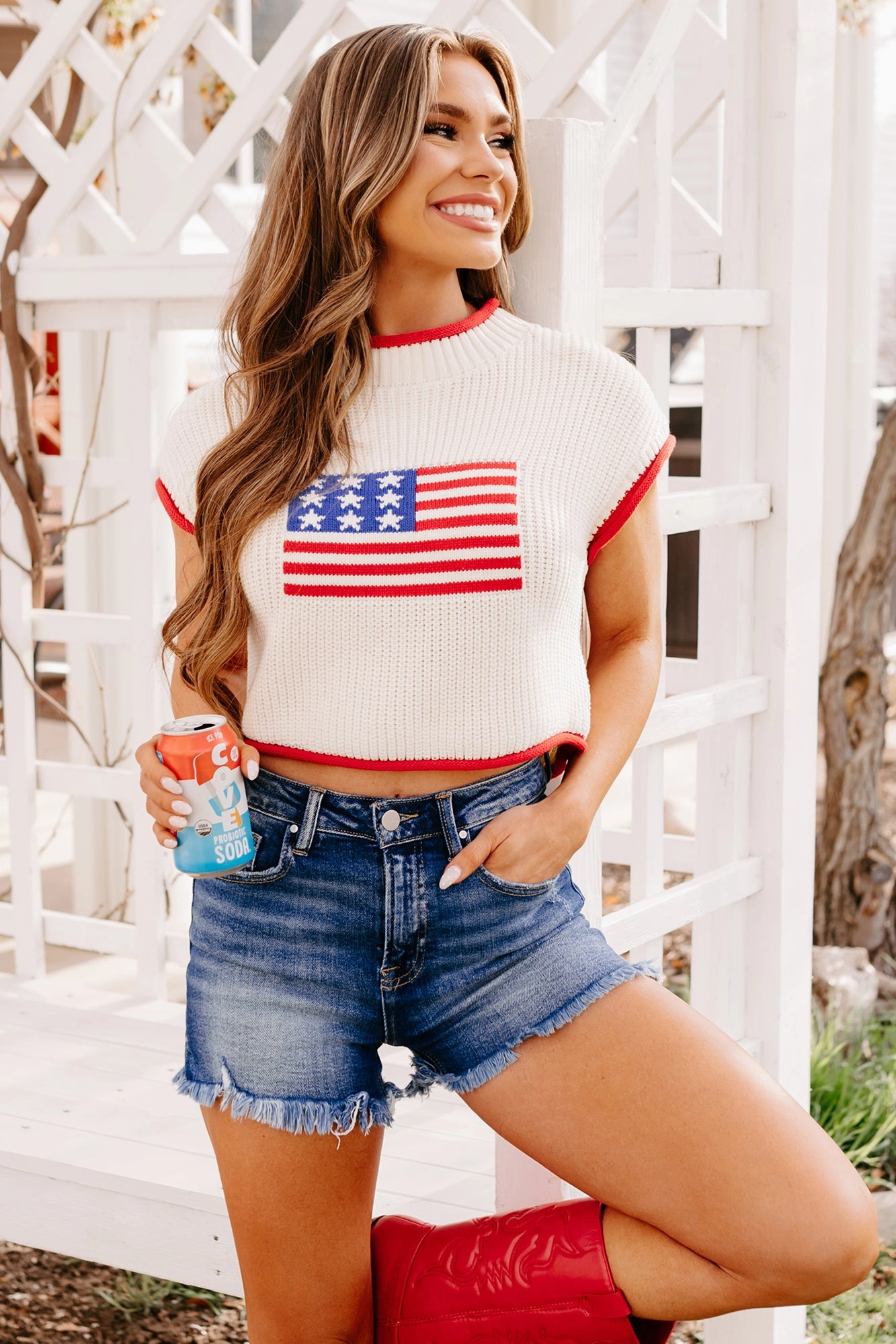 Breathable mesh WeightedHem Salute The Flag American Flag Sweater Top (Cream)