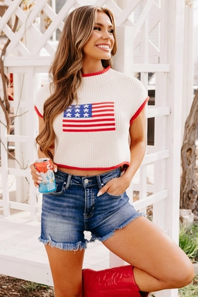 Salute The Flag American Flag Sweater Top (Cream) Active Tee Stretch Technology