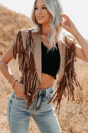Midnight Range Faux Suede Collared Fringe Shawl (Tan) BrushedInnerSurface