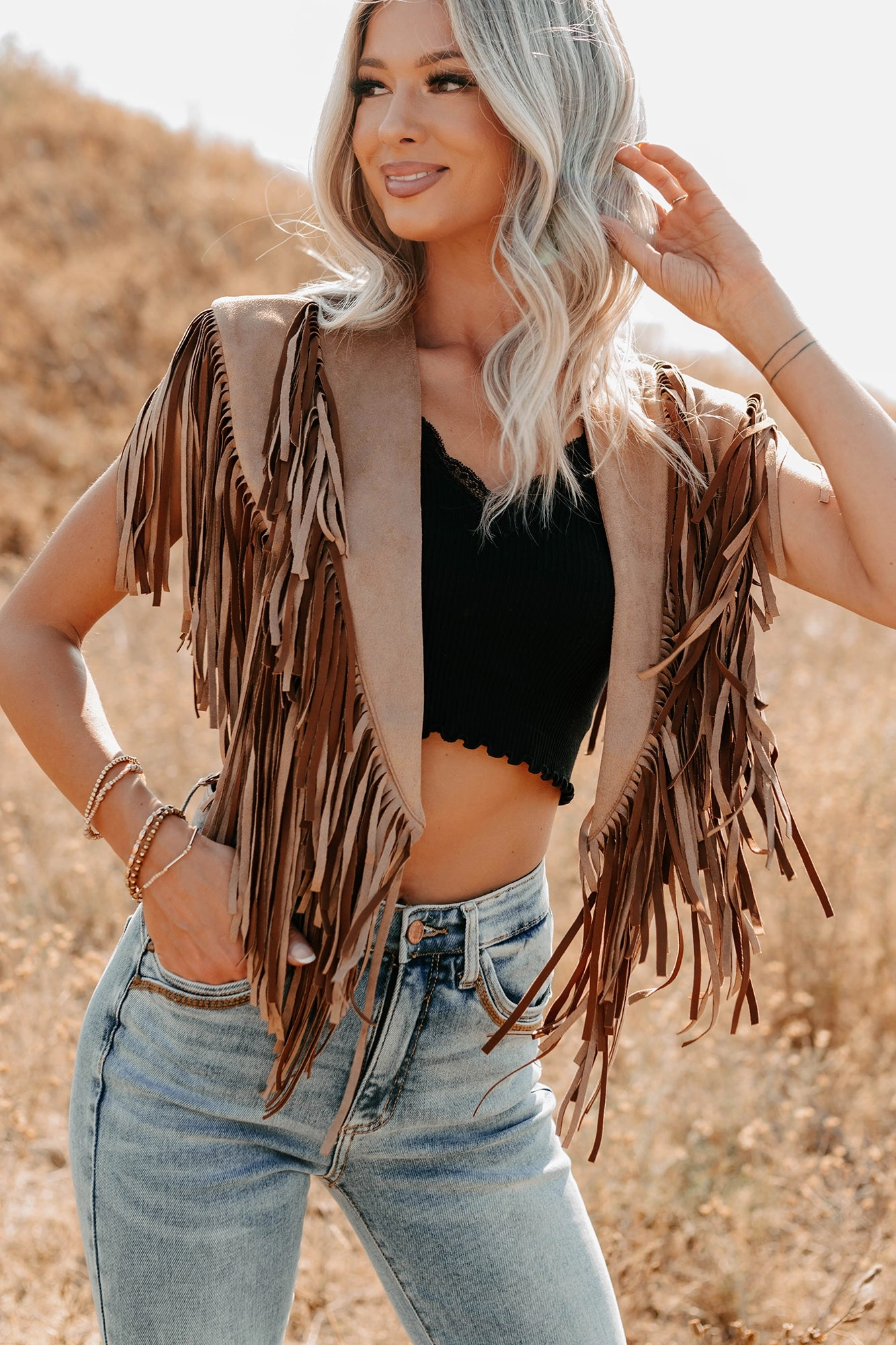 Midnight Range Faux Suede Collared Fringe Shawl (Tan) BrushedInnerSurface