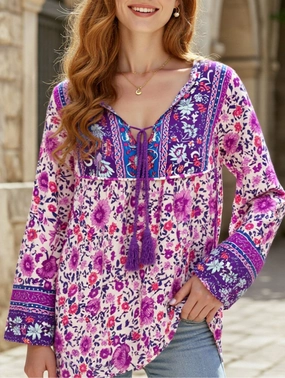 Bohemian print long-sleeved T-shirt Loose Sweater StainRepellentCoating