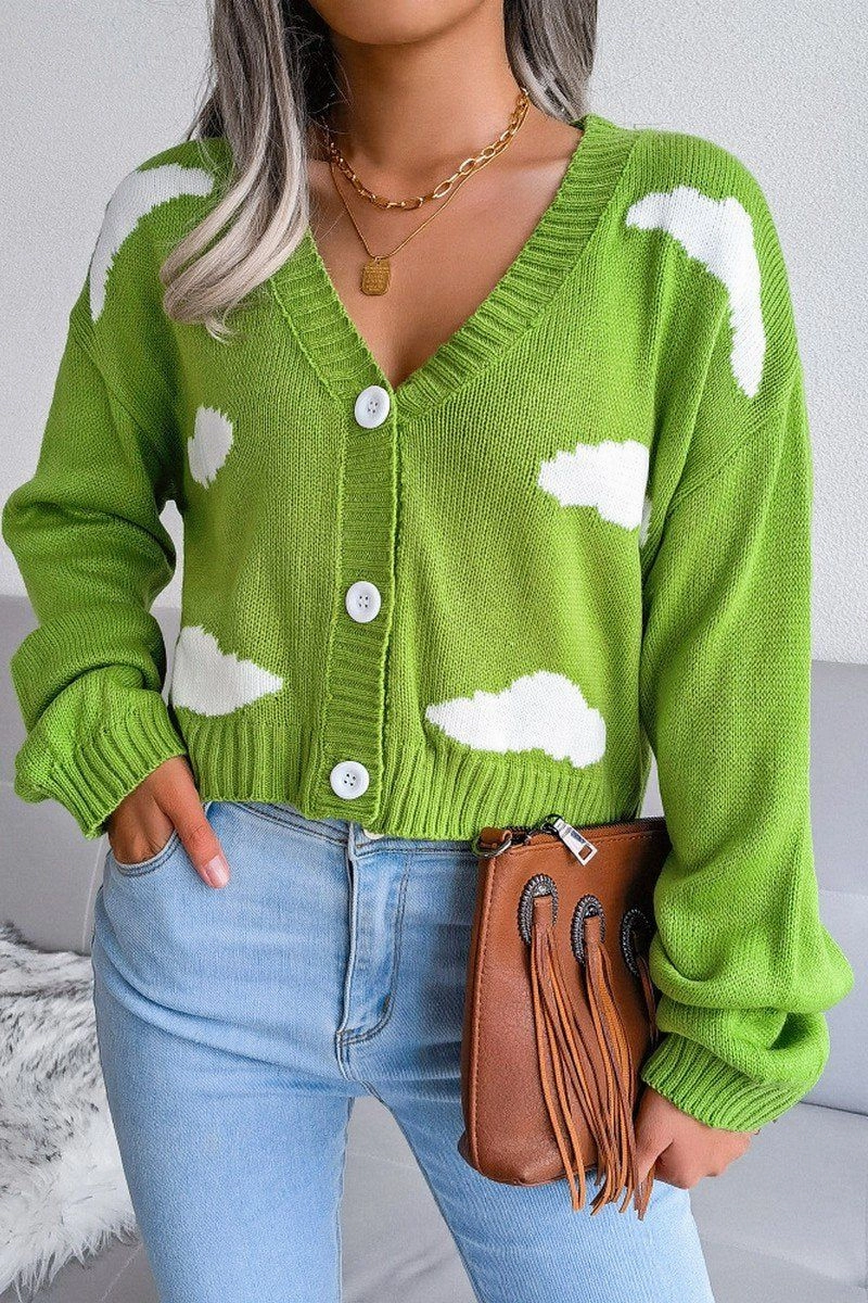 BUTTON UP CLOUD PRINTING SHORT LENGTH CARDIGAN ReinforcedHem