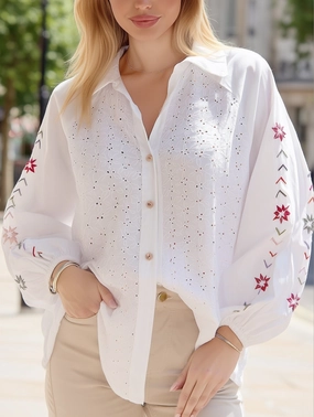 Multi Directional Mobility Embroidered Eyelet Shirt ??Balloon Sleeve Vintage Blouse