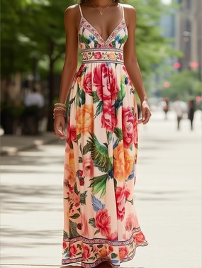 City Ready Verona Macaw & Peony Floral Print Resort Strappy Sundress ??Tropical Summer Flowy Dress