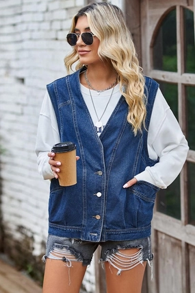 BUTTON CLOSURE LOOSE FIT DENIM VEST RibbedTrims Cozy Wear