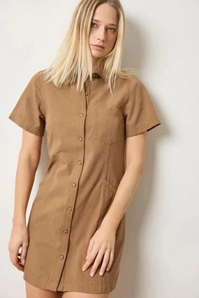 Winter-Season Twill Paneled Shirt Dress Pecan