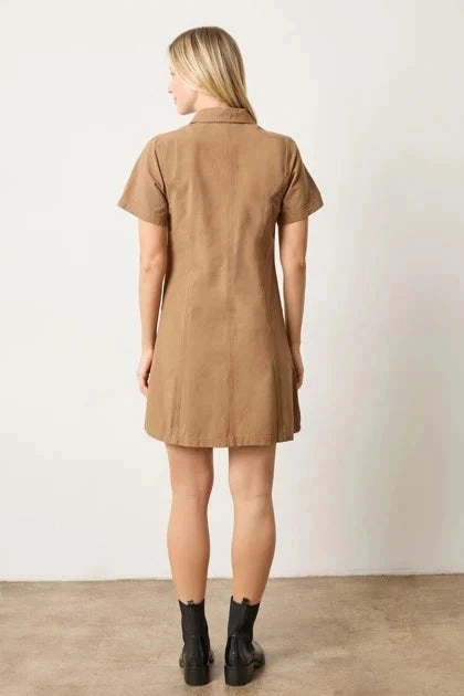 Asymmetric-Neck Easy Pairing Twill Paneled Shirt Dress Pecan