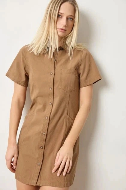 Winter-Season Twill Paneled Shirt Dress Pecan