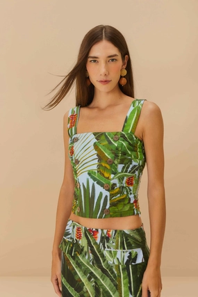 Amazonia Forest Blue Top Cropped Buttons Sustainable Fabric Blend