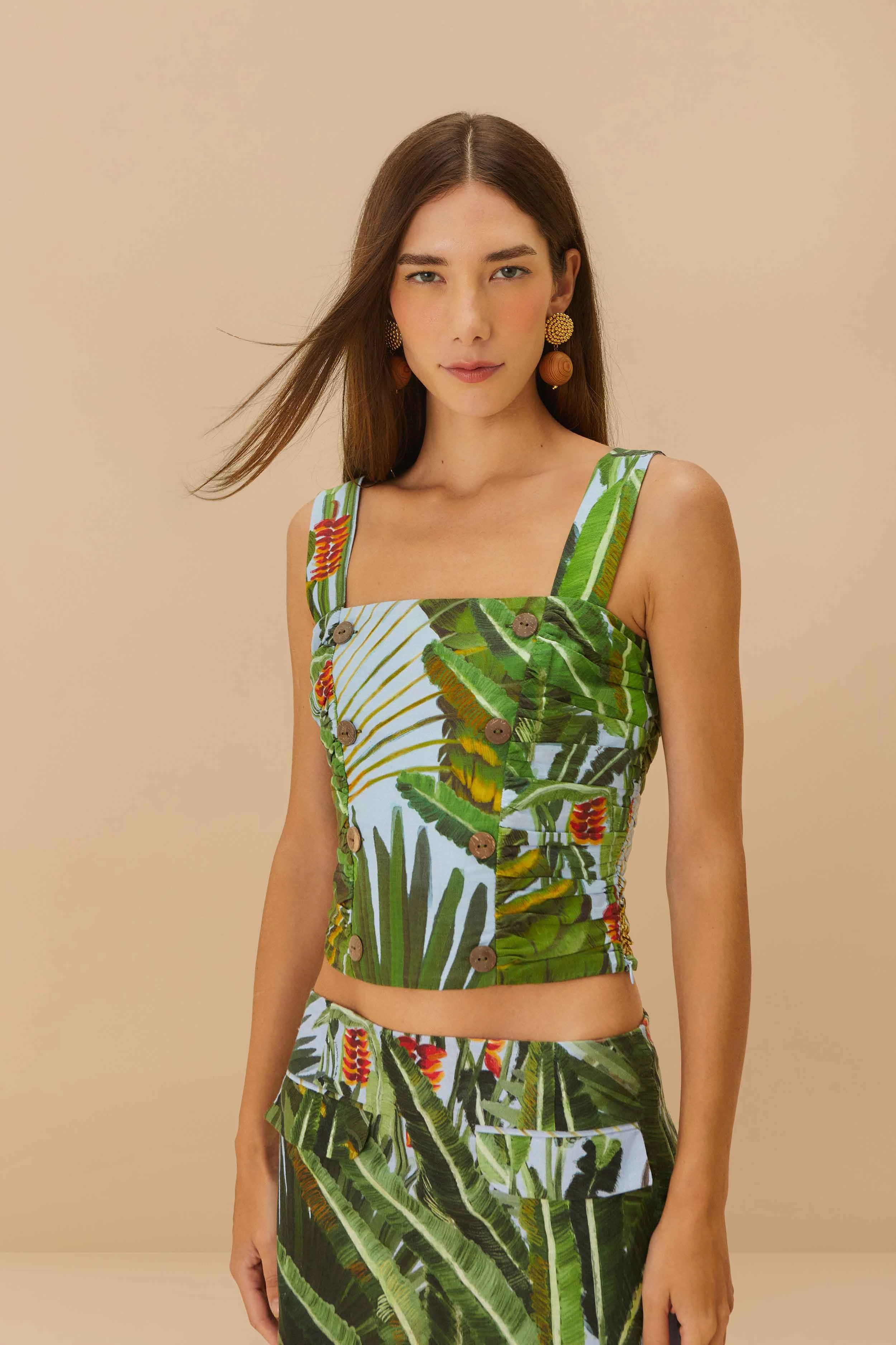 Amazonia Forest Blue Top Cropped Buttons Sustainable Fabric Blend