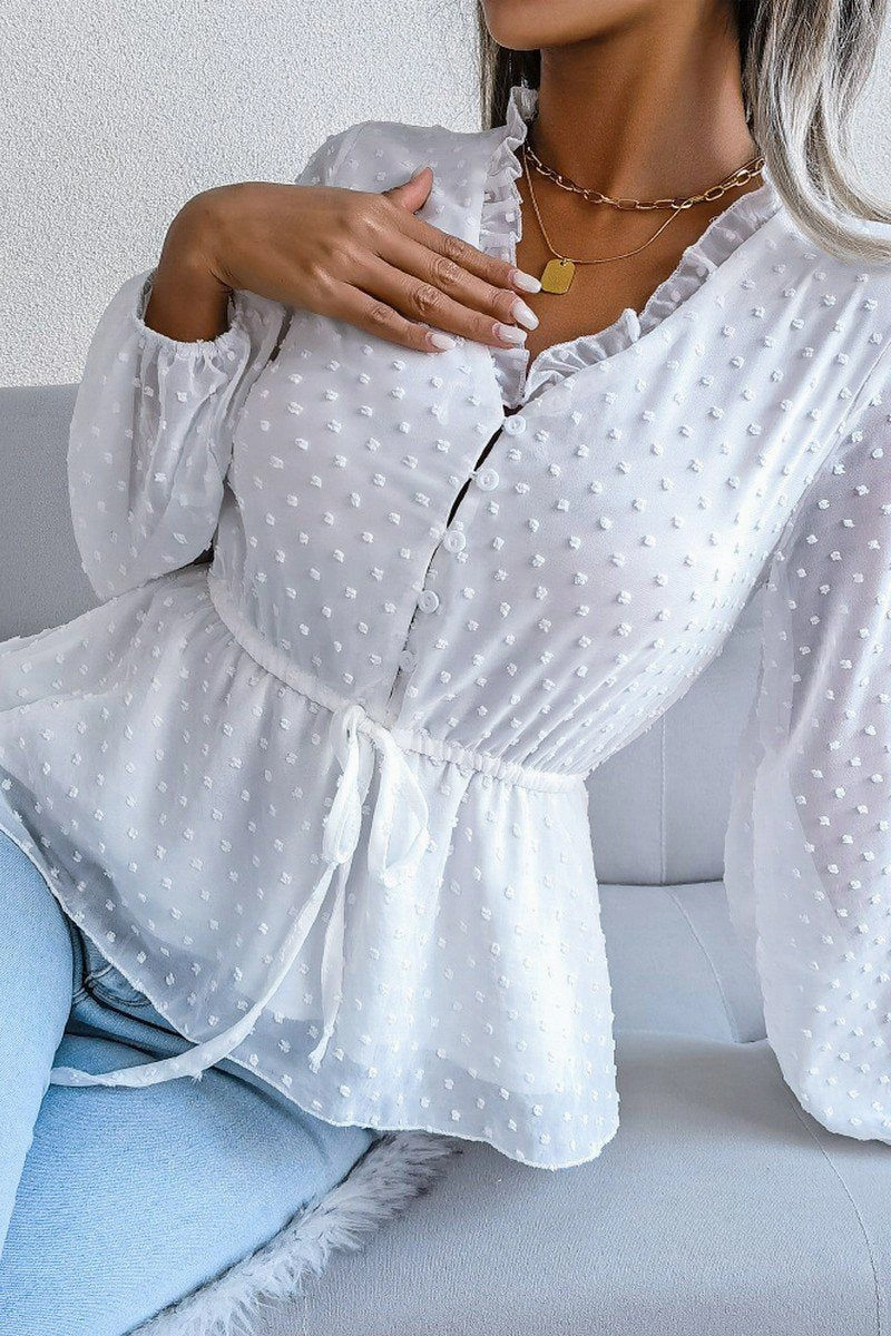 LANTERN SLEEVE RUFFLED SWISS DOT CHIFFON TUNIC Reflective Trims ReinforcedShoulders