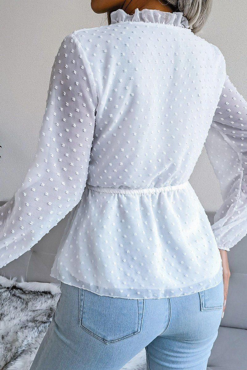 Hidden Zipper LANTERN SLEEVE RUFFLED SWISS DOT CHIFFON TUNIC