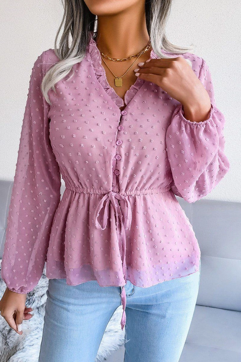LANTERN SLEEVE RUFFLED SWISS DOT CHIFFON TUNIC Self Fabric Tie Closure