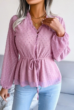 LANTERN SLEEVE RUFFLED SWISS DOT CHIFFON TUNIC Self Fabric Tie Closure