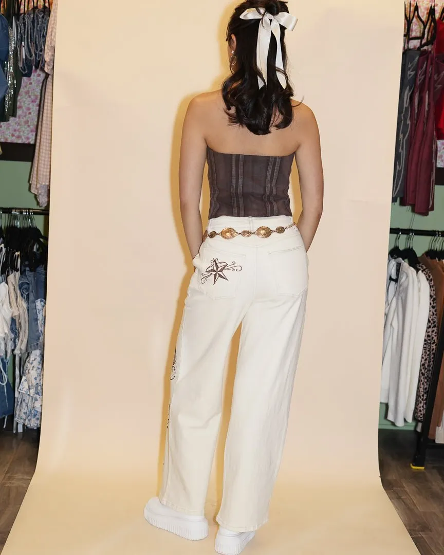 Vianca Brown Floral Embroidered Strapless Stretch Denim Corset Top