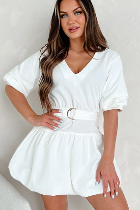 Tracy Belted Bubble Hem Mini Dress (Off White) Urban Aesthetic Comfortable Waist Design