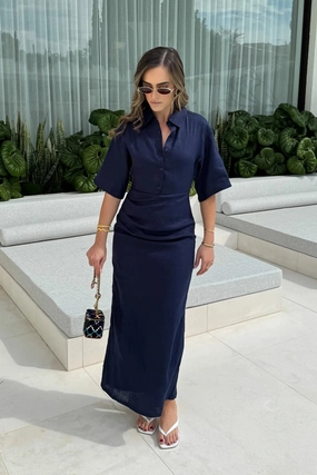 Lefka Midi Dress Navy Natural Wrap