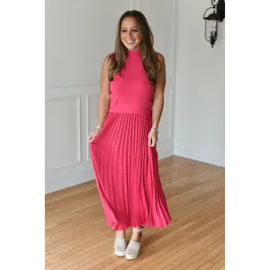 Victoria Pink Pleated Contrast Midi Dress