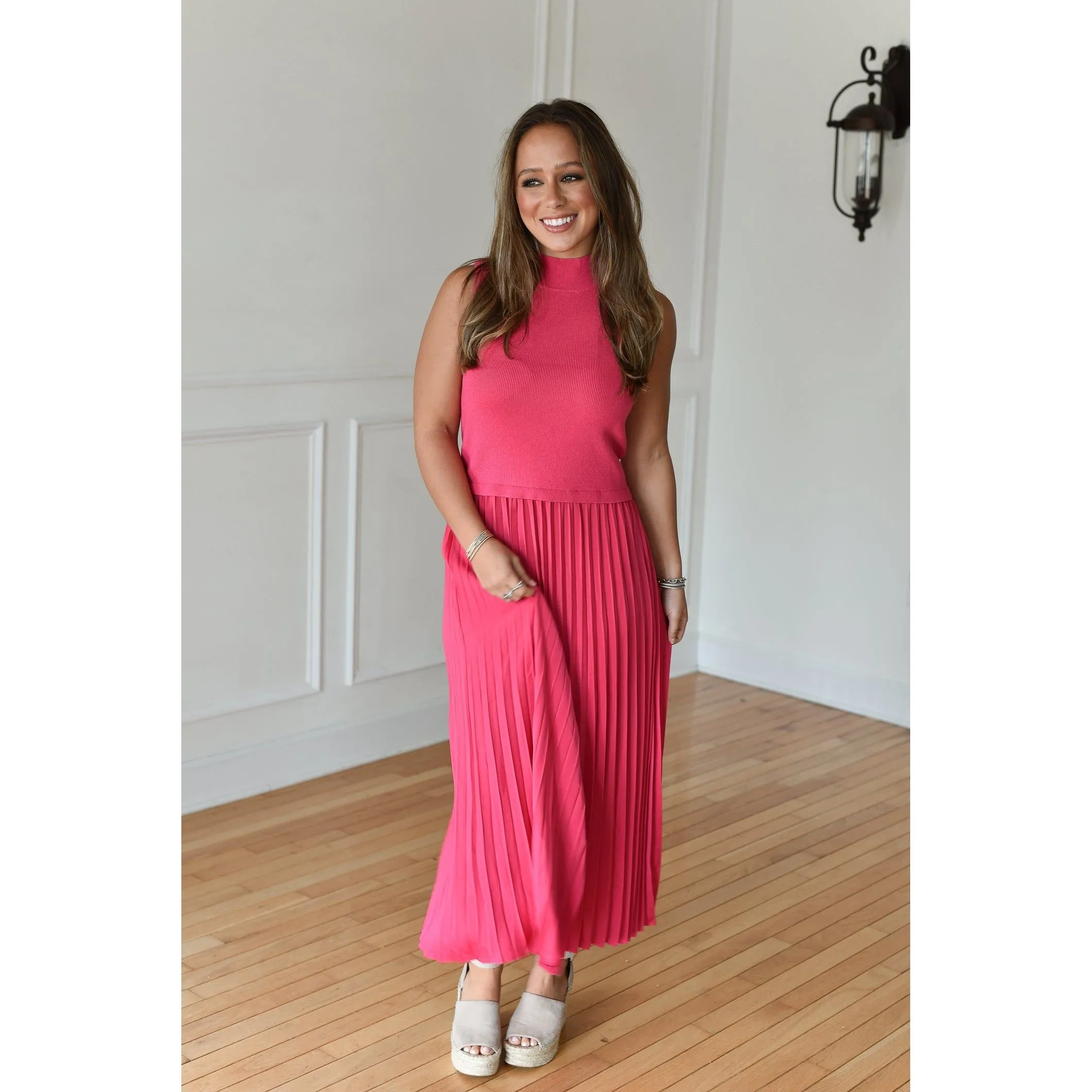 Victoria Pink Pleated Contrast Midi Dress