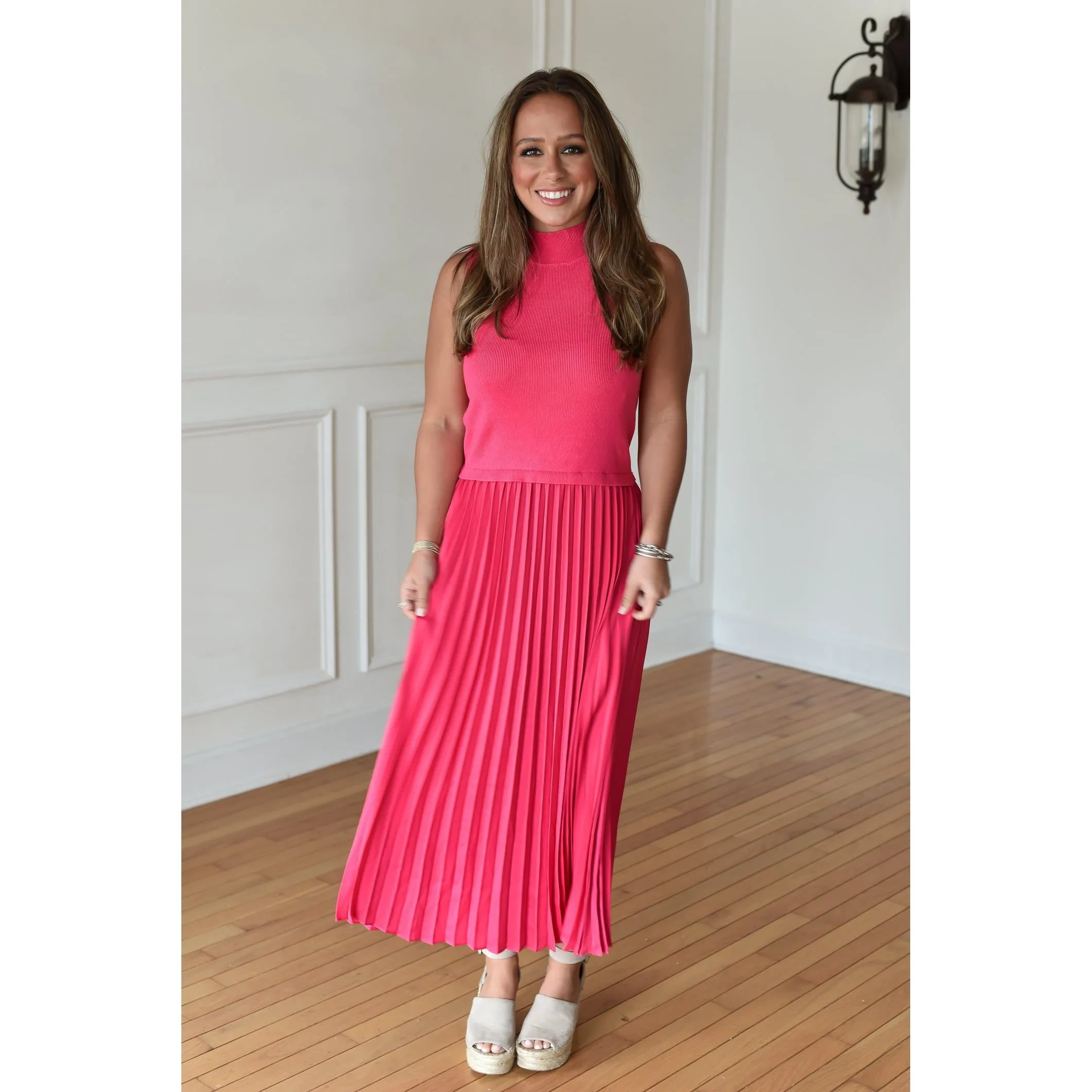 Victoria Pink Pleated Contrast Midi Dress