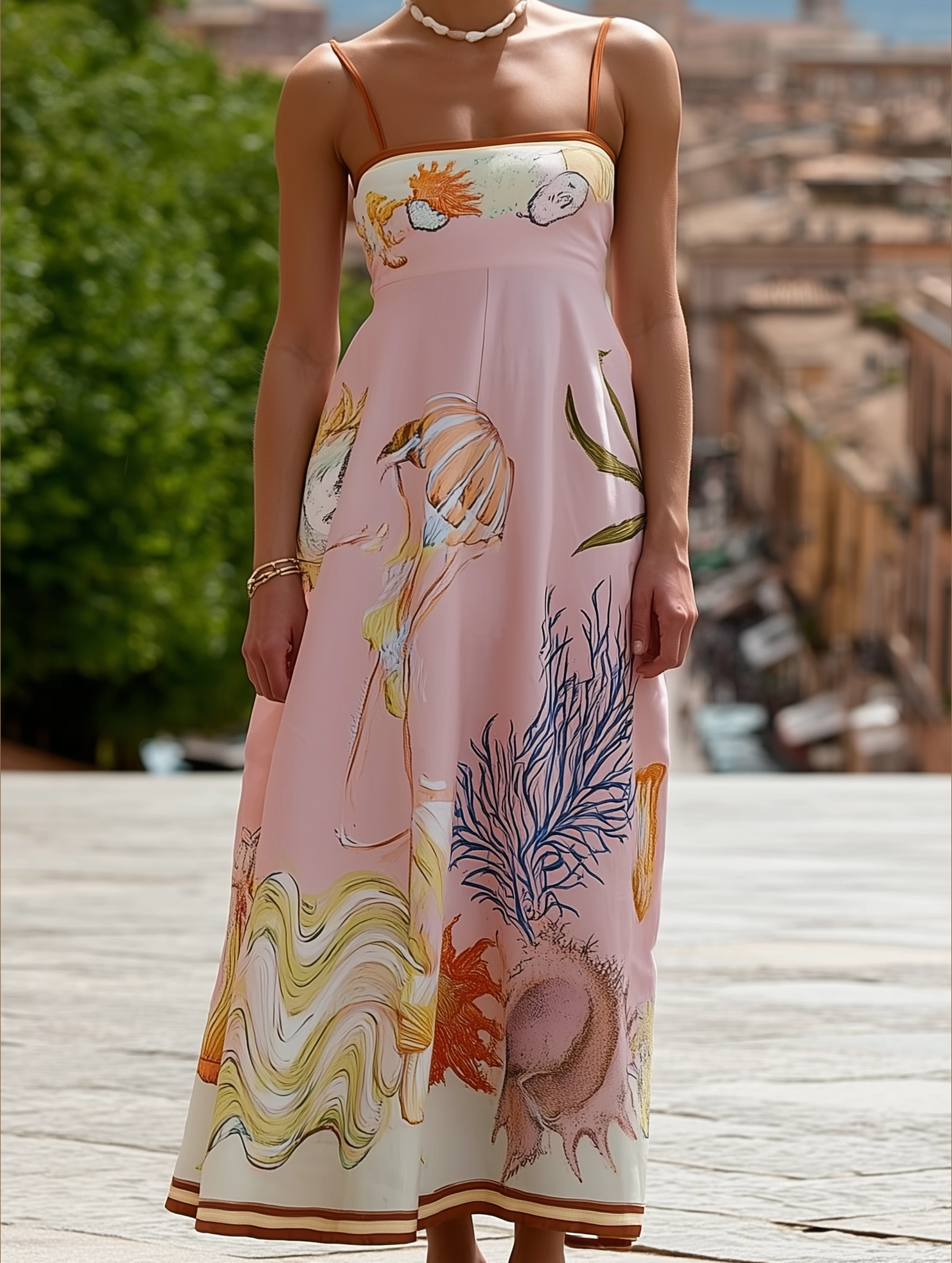 Vilamoura Marine Print Strappy Swing Sundress in Pink ??Summer Flowy Sleeveless Dress Draped Layer Refined Line