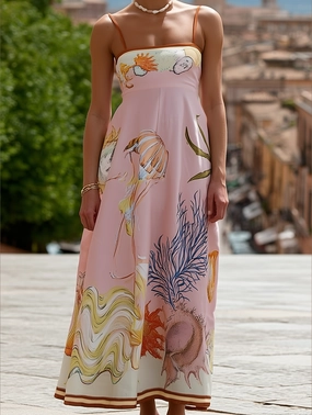 Vilamoura Marine Print Strappy Swing Sundress in Pink ??Summer Flowy Sleeveless Dress Draped Layer Refined Line