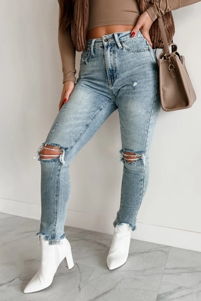 Ripstop Reinforcement Vince High Rise Distressed Special A Slim Straight Jeans (Medium Light)